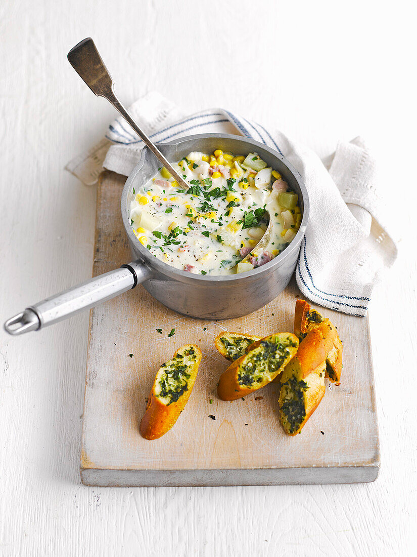Smoked haddock Chowder, served with herb and garlic bread