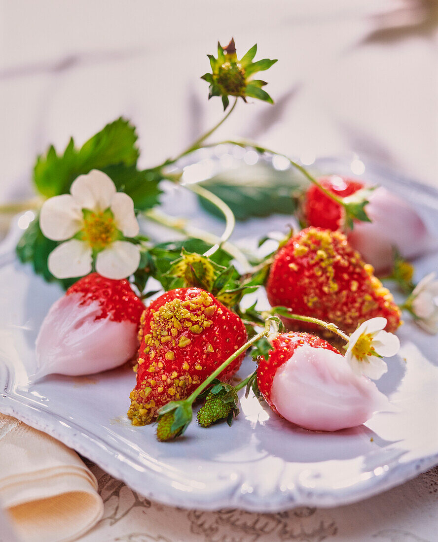 Gariguette-Erdbeeren mit weißer Schokolade mit Pistazien