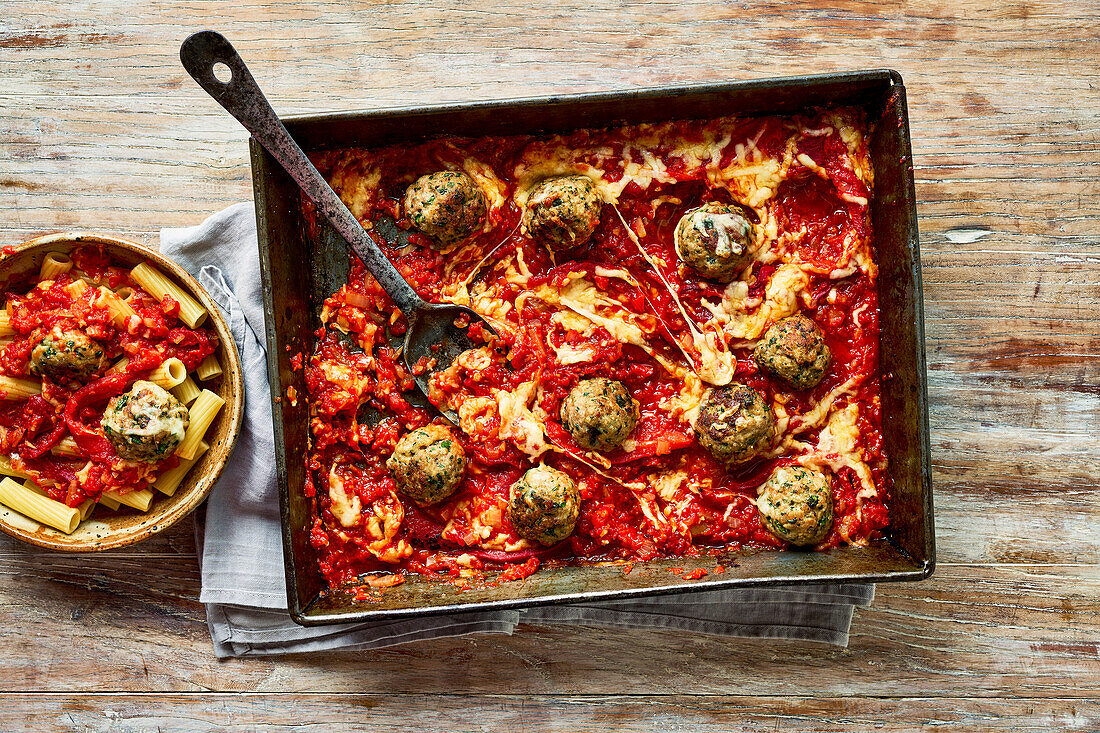 Smoked pork meatballs in a baking tray