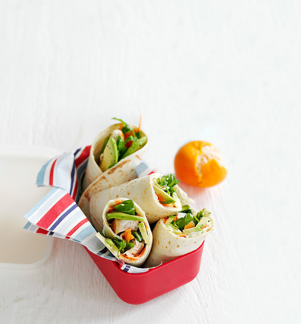 Chicken wraps with carrots and avocado