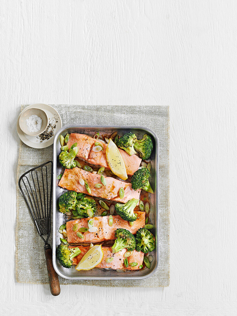 Oriental broccoli salmon cooked in a tray