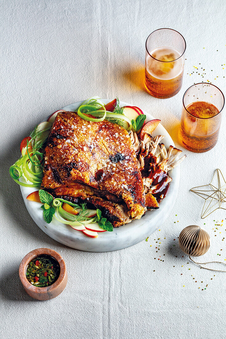 Slow-roasted pork belly with Asian salsa verde