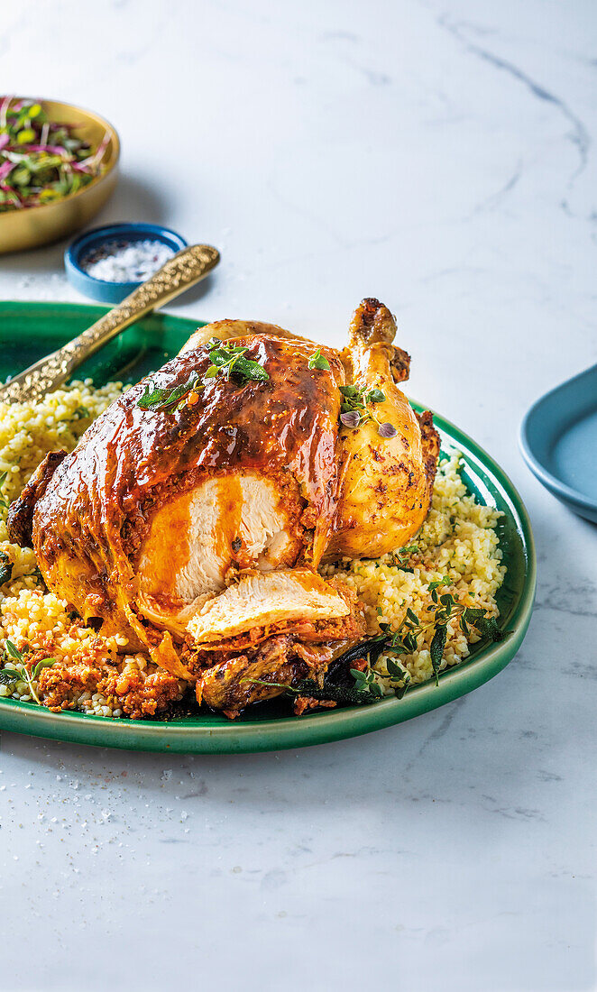 Chorizo and sage roast chicken with herbed bulgur wheat