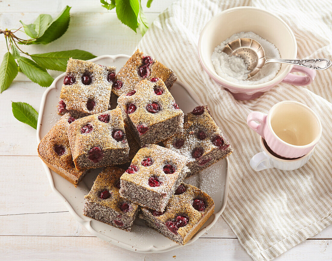 Poppy seed and cherry sheet cake