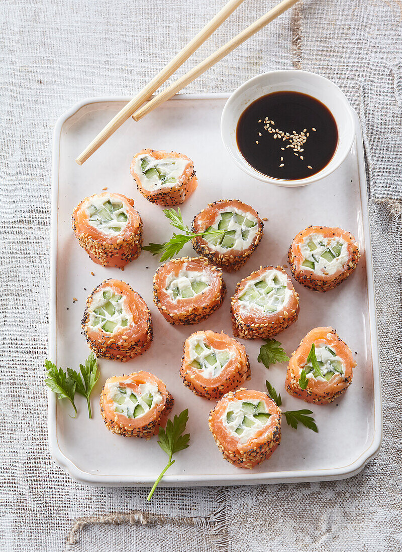 Smoked salmon rolls sushi style