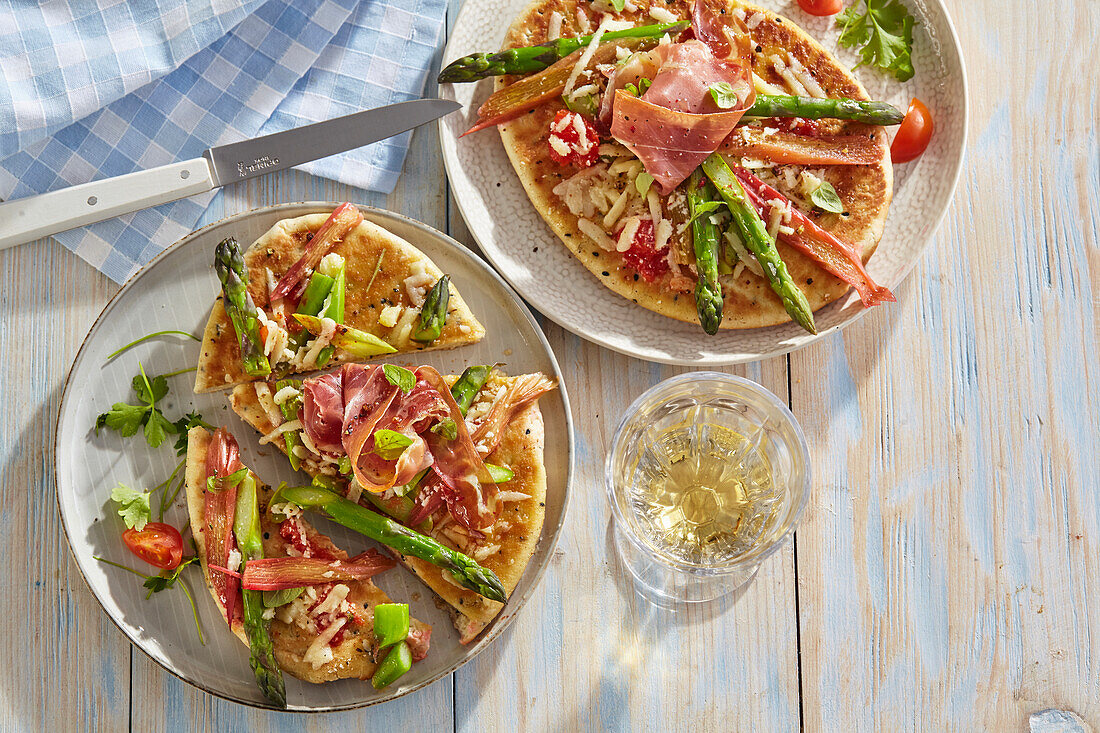 Summer pizza with rhubarb and asparagus