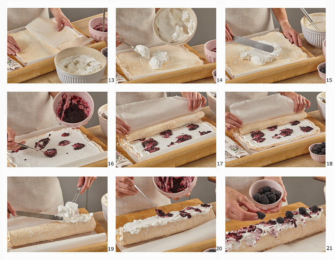 Making a meringue cream roll with blackberries
