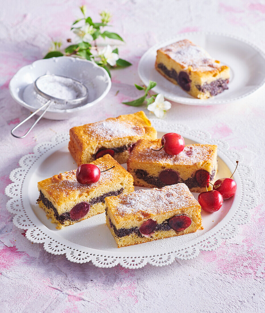 Cake bars with poppy seed and cherry filling