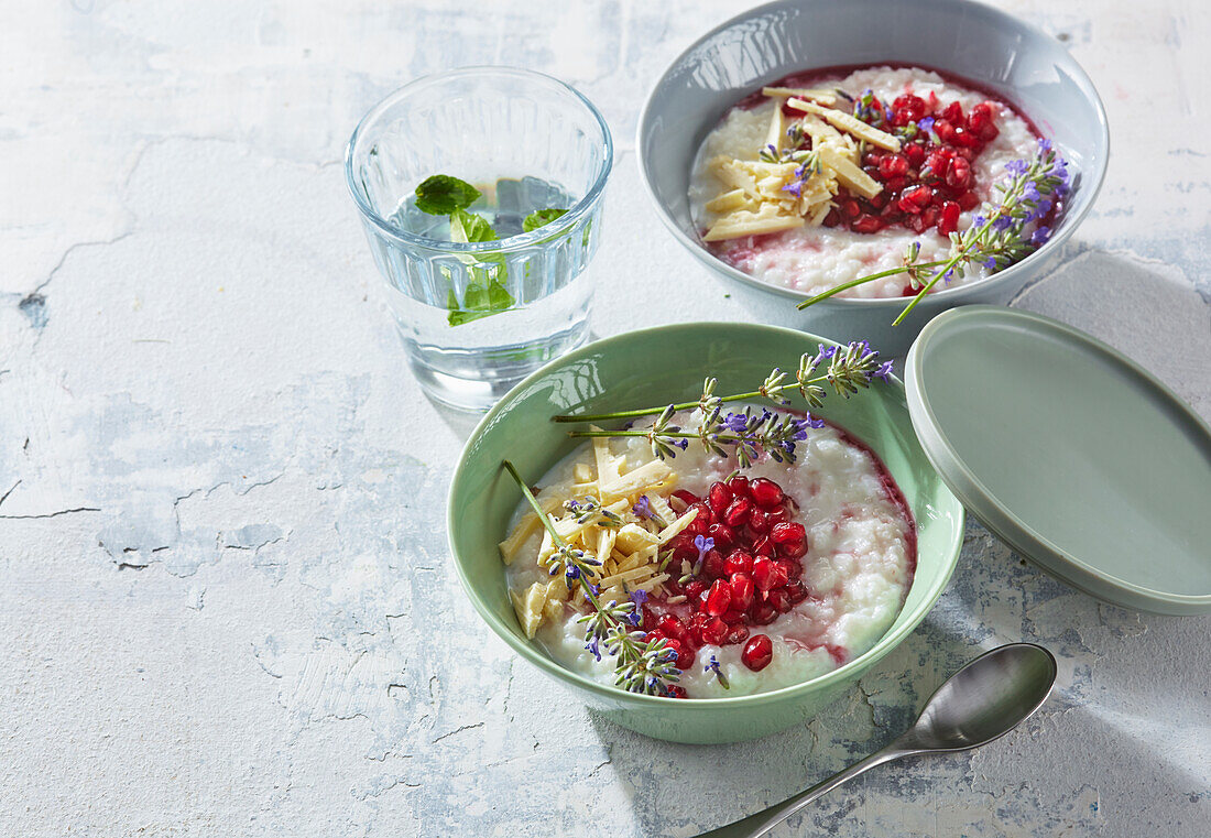 Milk rice with pomegranate and lavender