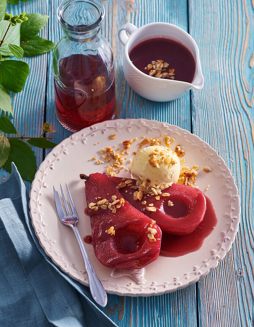 Red wine poached pears with ice cream
