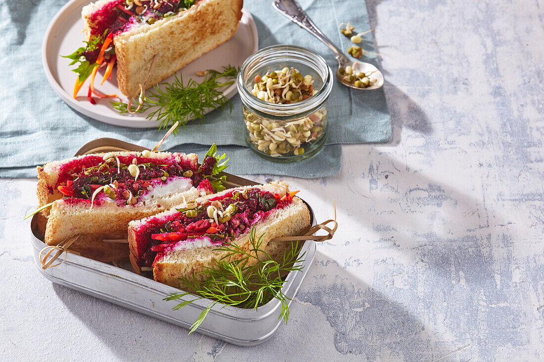 Beet sandwich with hummus and sprouts