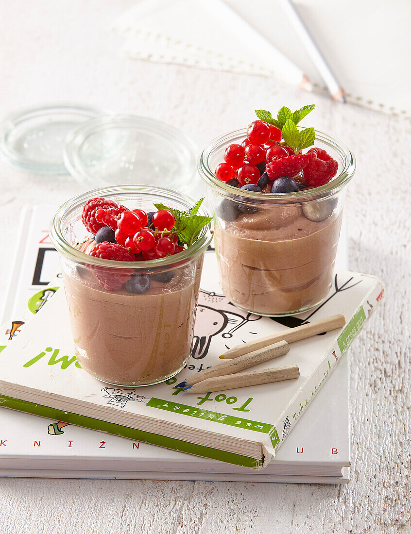 Chocolate mousse dessert with berries
