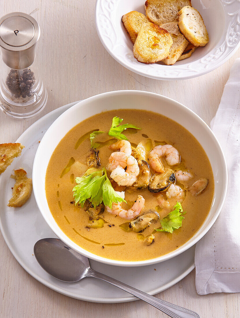 Creamy mussel and shrimp soup