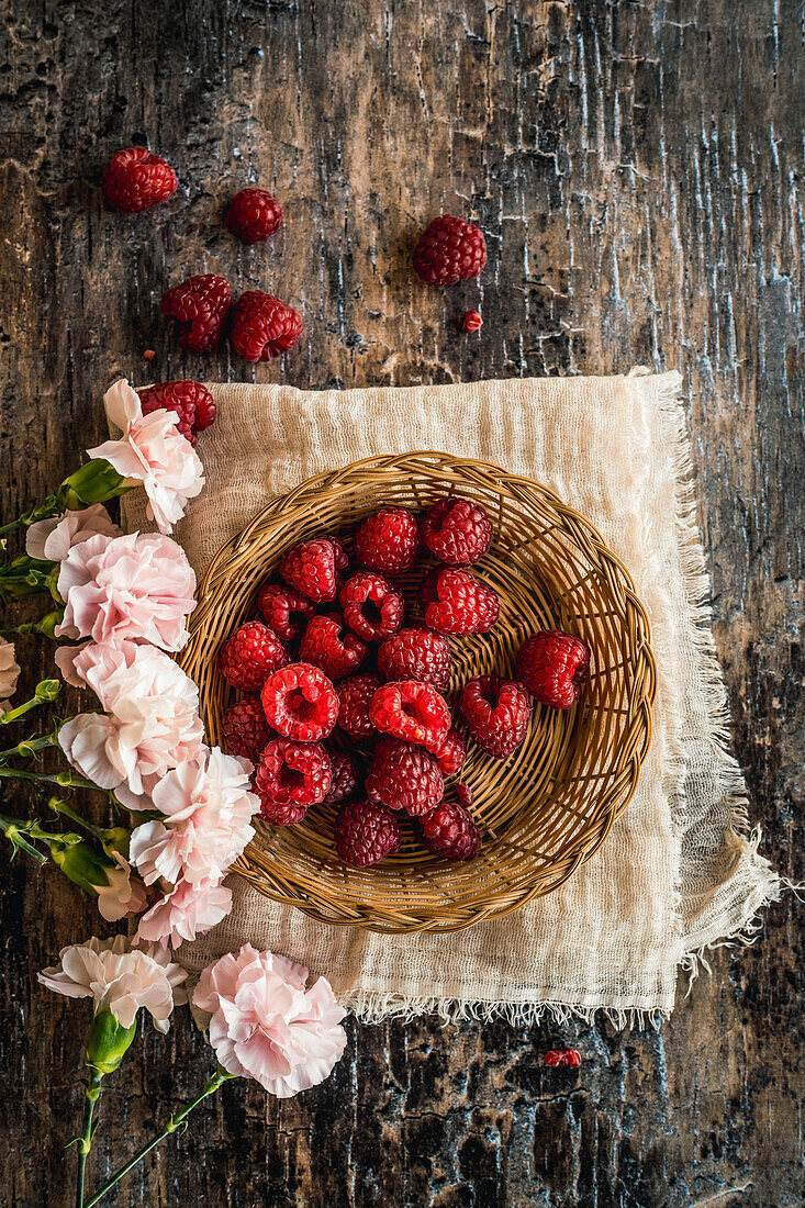 Raspberries in a wicker basket