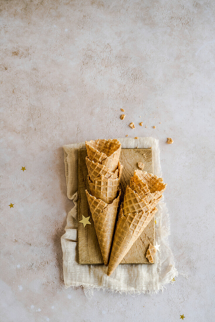 Waffle cones on a wooden board (Christmas)