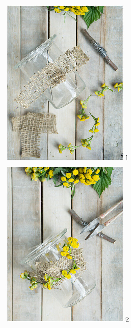 Windlicht aus Weckglas mit Sackband und Rainfarn (Tanacetum vulgare) herstellen