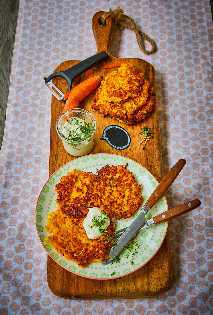 Potato carrot pancakes with herb dip