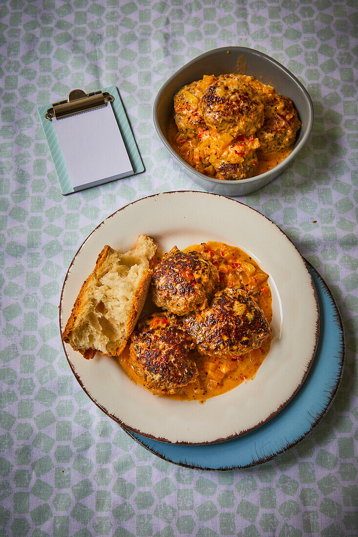 Meatballs with vegetable sauce and crusty bread