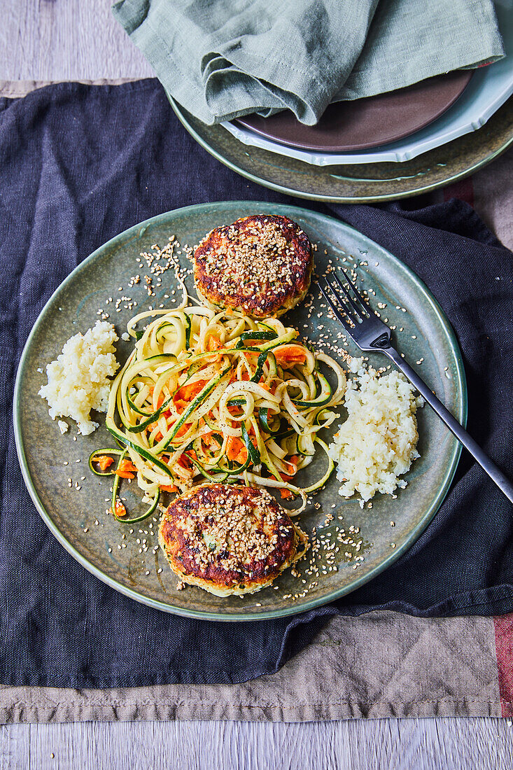 Pasta and Zucchini Noodles Served with Low Carb Sesame Chicken Patties and Riced Cauliflower