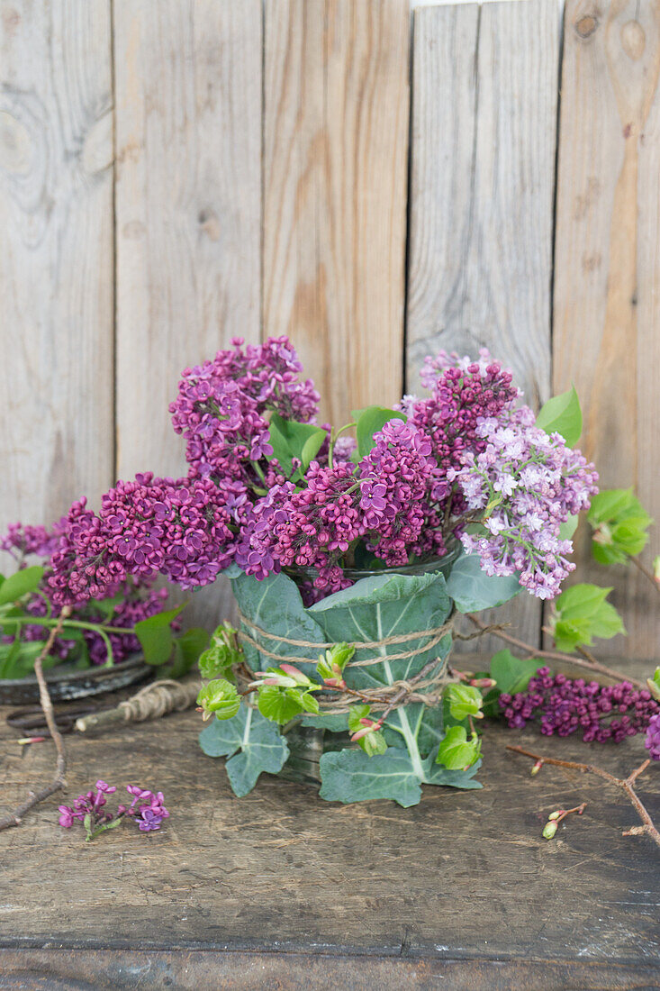 Bouquet of lilacs in a glass, wrapped with fresh kohlrabi leaves