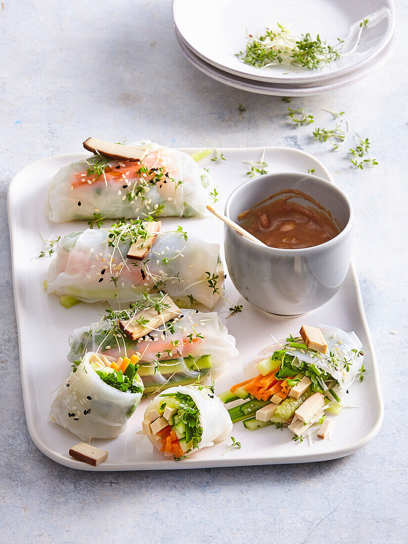 Tofu and vegetable summer rolls with peanut butter sauce
