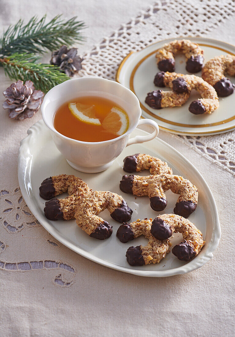 Walnut croissants with chocolate icing