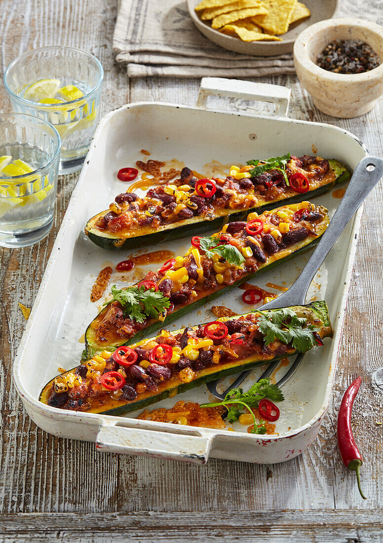 Taco courgette boats with corn and kidney beans