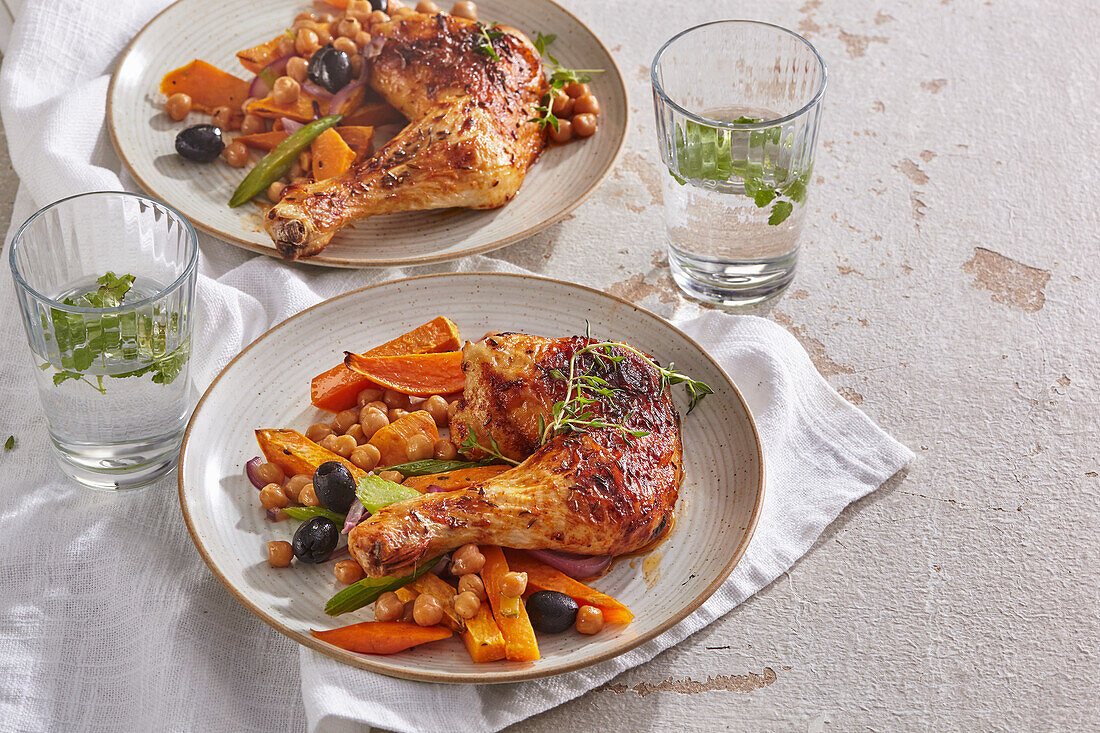 Spicy roast chicken with chickpeas and sweet potatoes