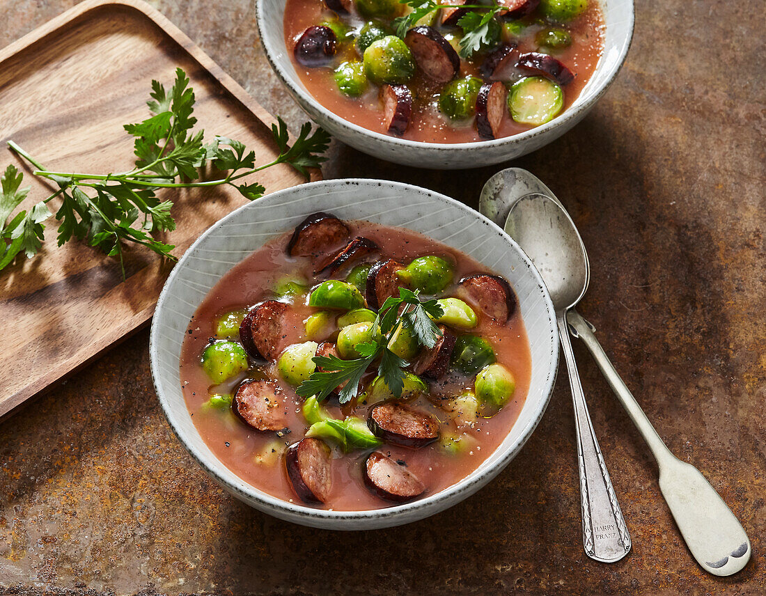 Smoked sausage goulash with Brussels sprouts