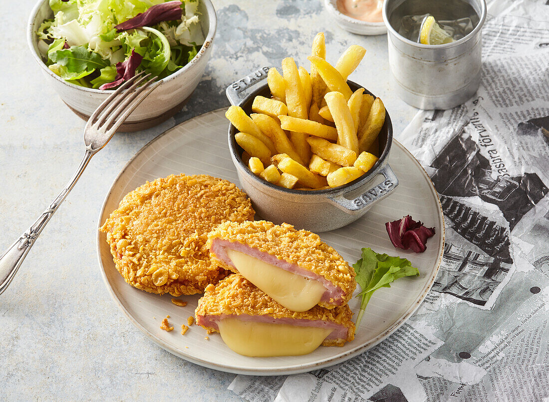 Ham cordon bleu with cornflake crust and fries