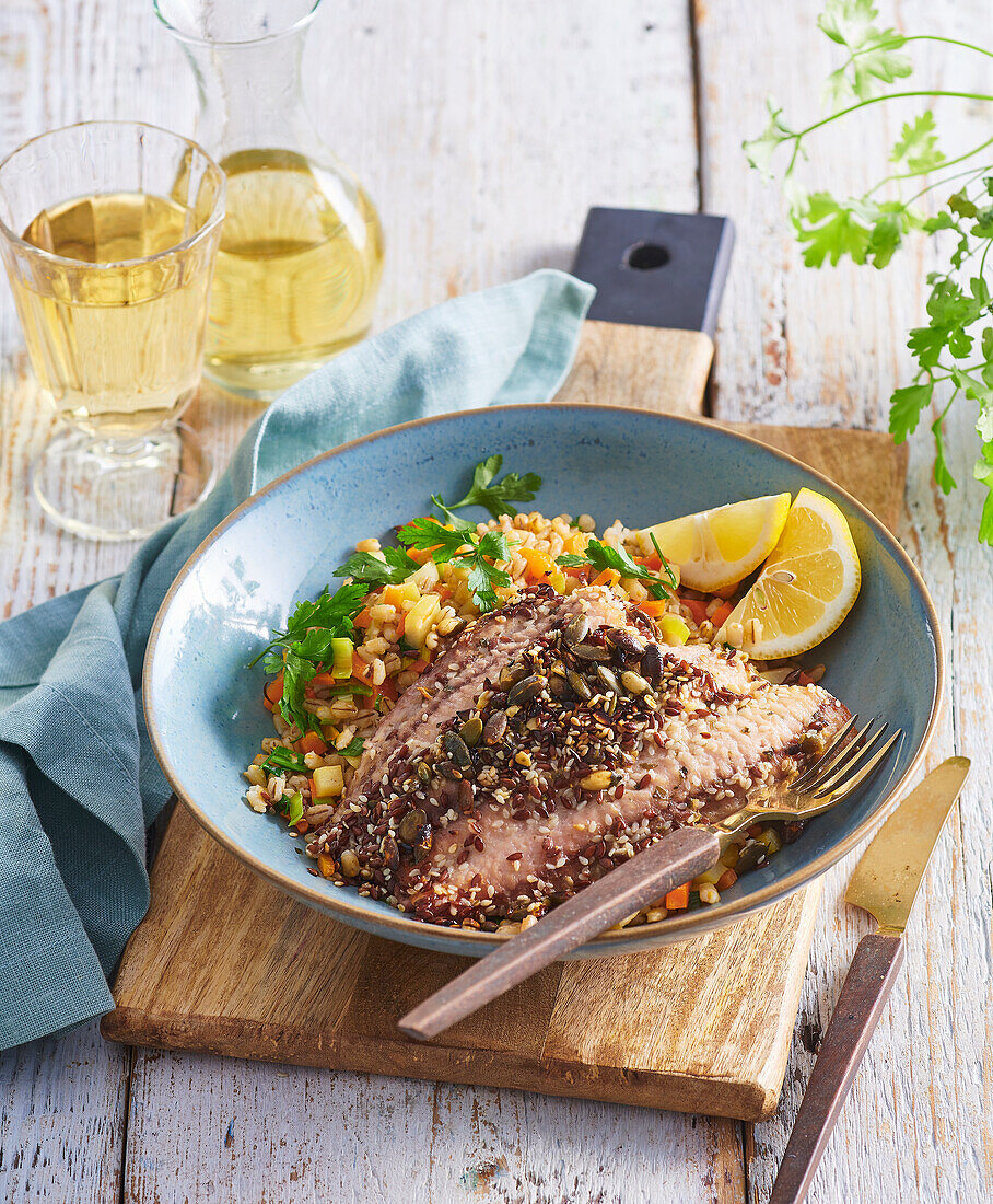 Barley risotto with seed-crusted fish fillet