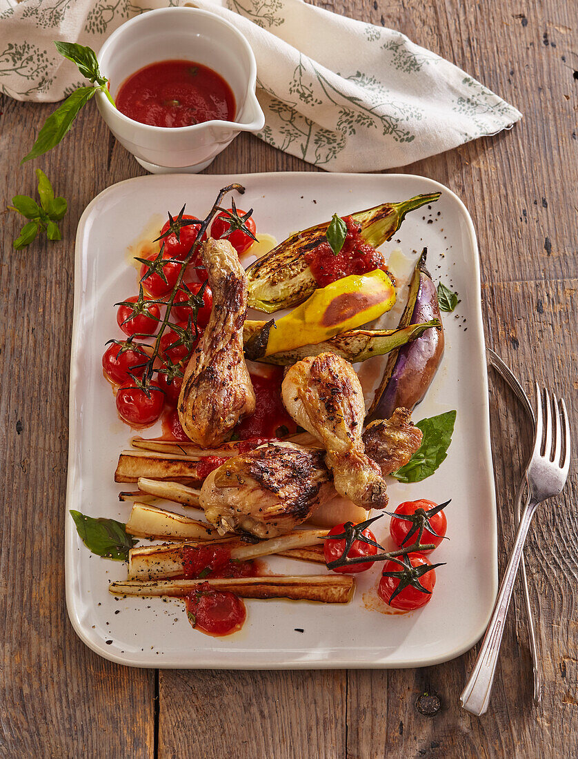 Roasted mustard chicken with parsnips and eggplant