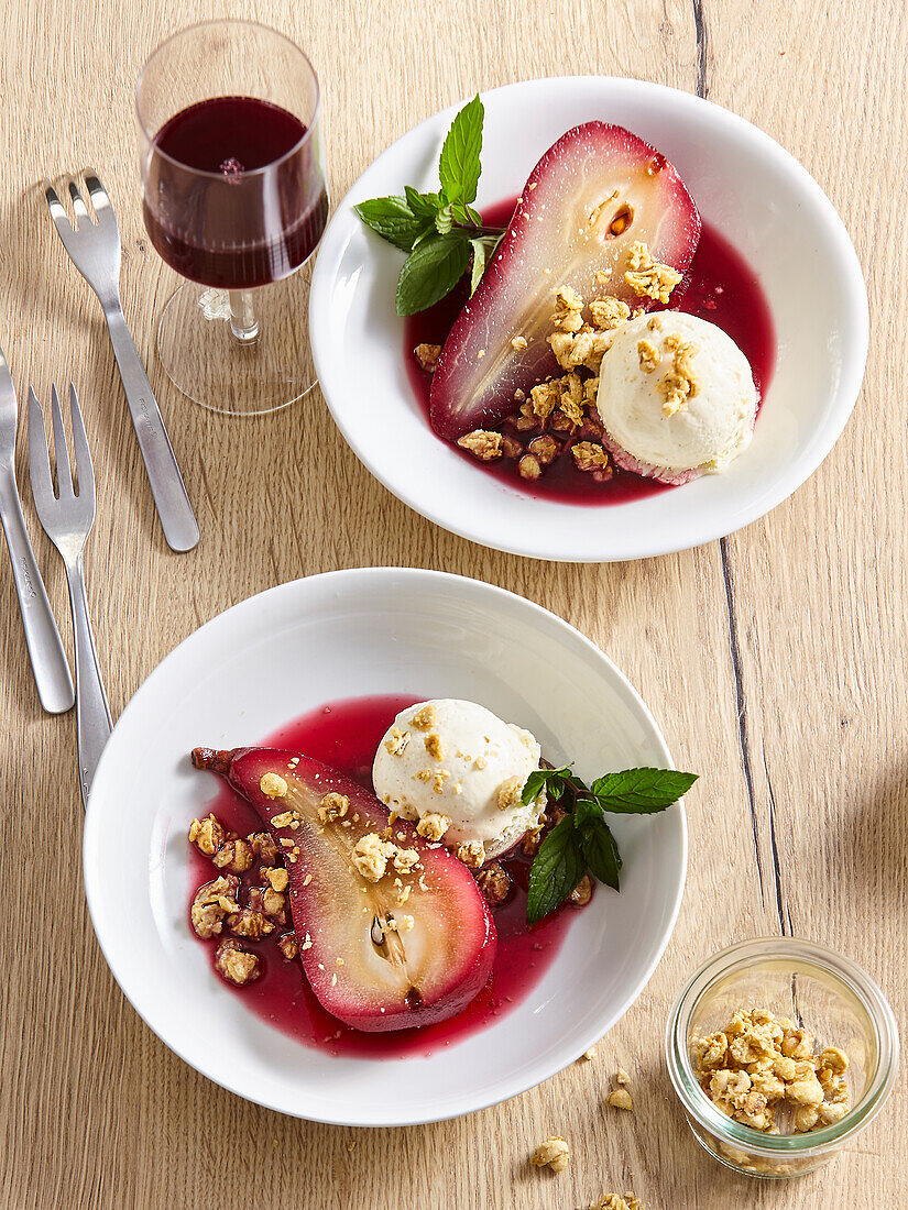 Spiced red wine pears with vanilla ice cream