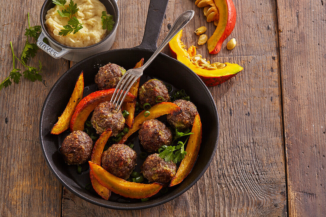 Meatballs with roasted pumpkin and parsley root puree