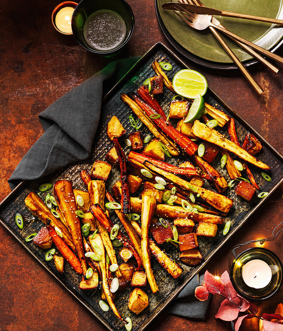 Roasted winter vegetables with gochujang (Korean spice paste)