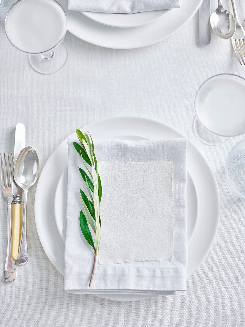White place setting with twig