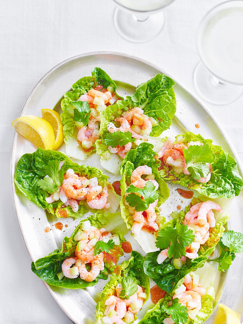 Salad boats with Bloody Mary prawns