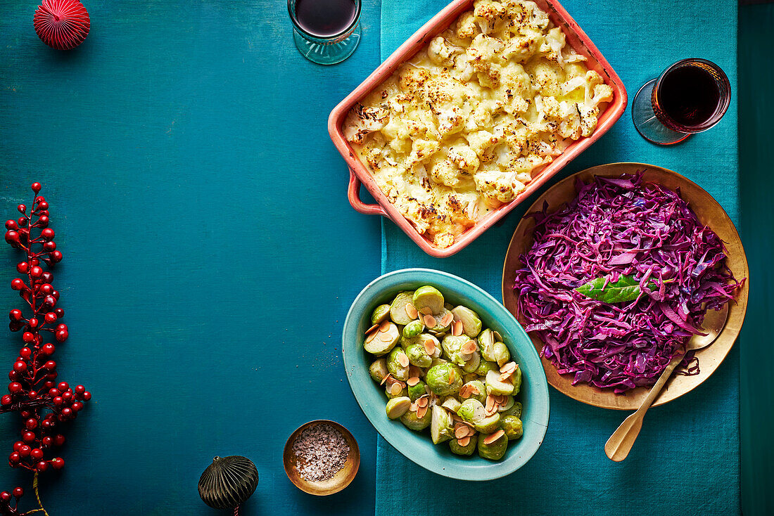 Microwave Christmas side dishes - cauliflower casserole, Brussels sprouts, and pomegranate red cabbage