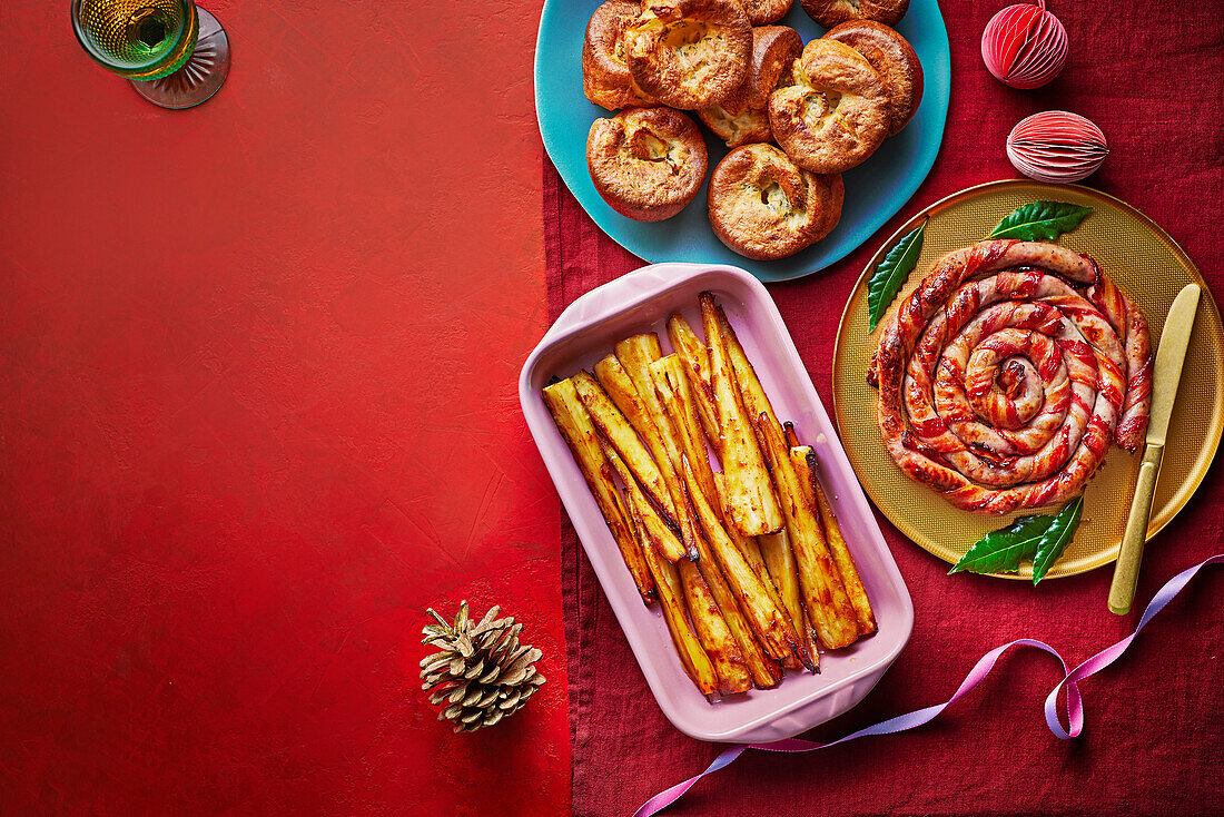 Sausage snail, miso parsnips, and Parmesan thyme yorkies