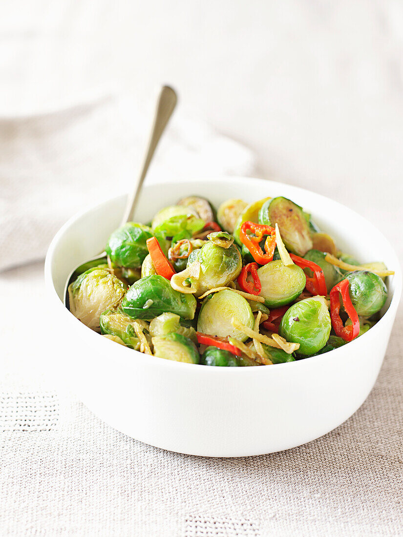 Spicy roasted Brussels sprouts with chilis