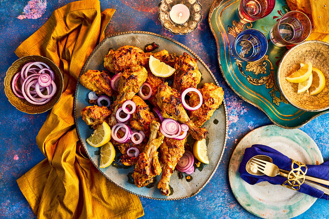 Chicken thighs with cashew and turmeric kalmi kabab
