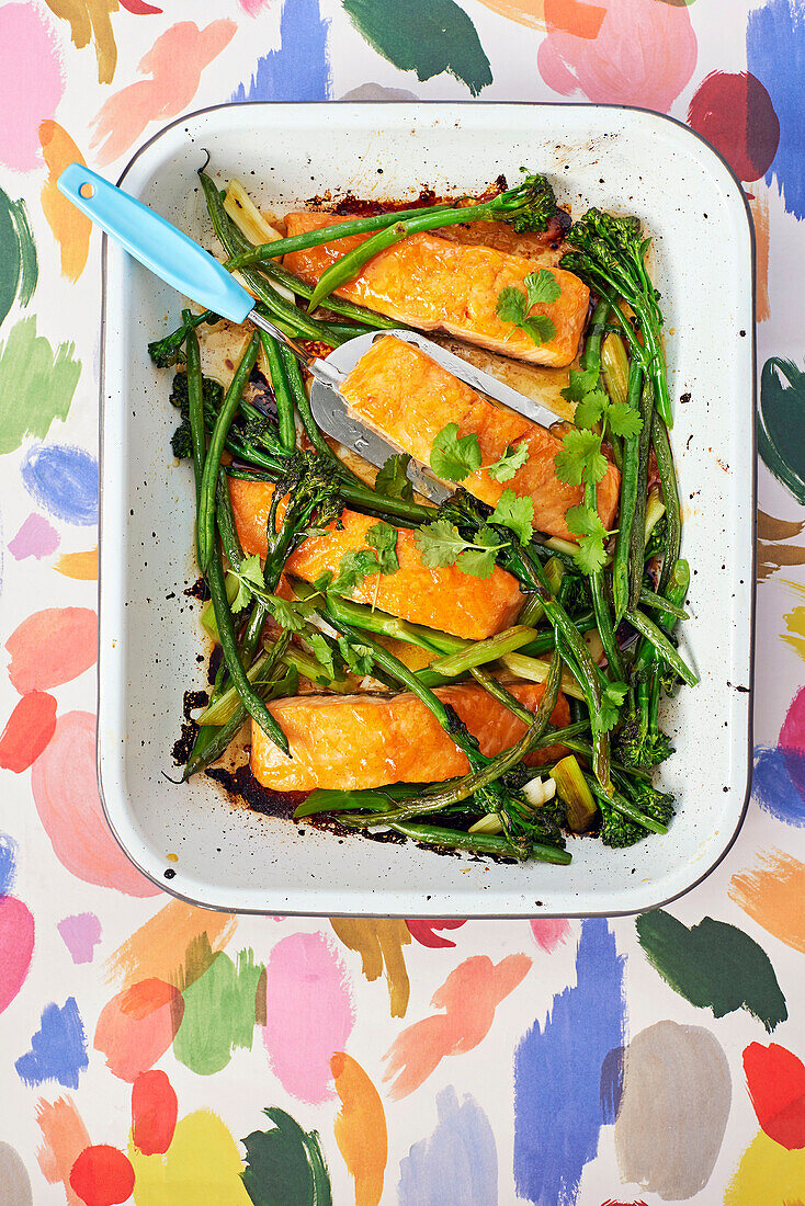 Sticky mango salmon with broccolini