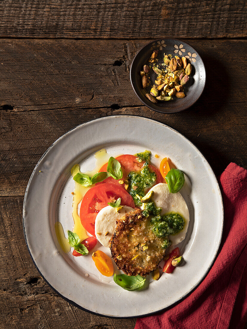 Caprese mit frittierten Auberginen und Pesto