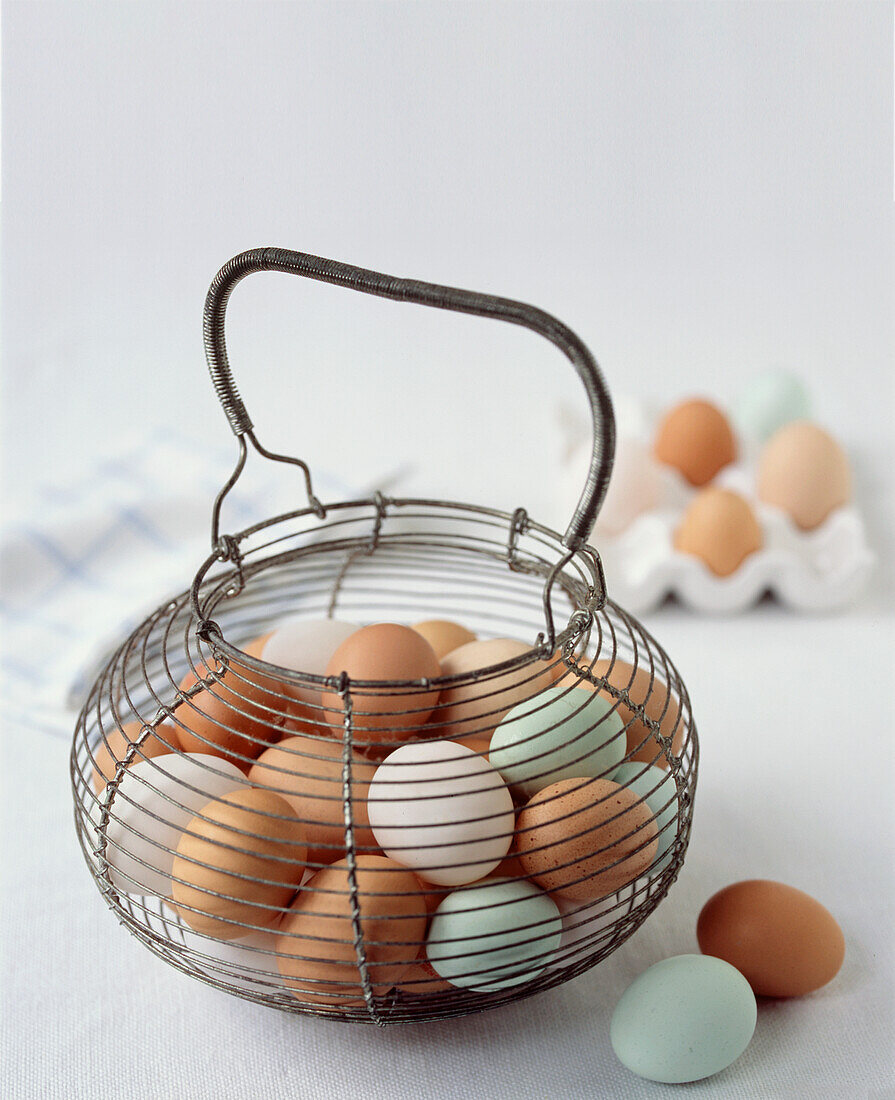 Different coloured hens eggs in wire basket
