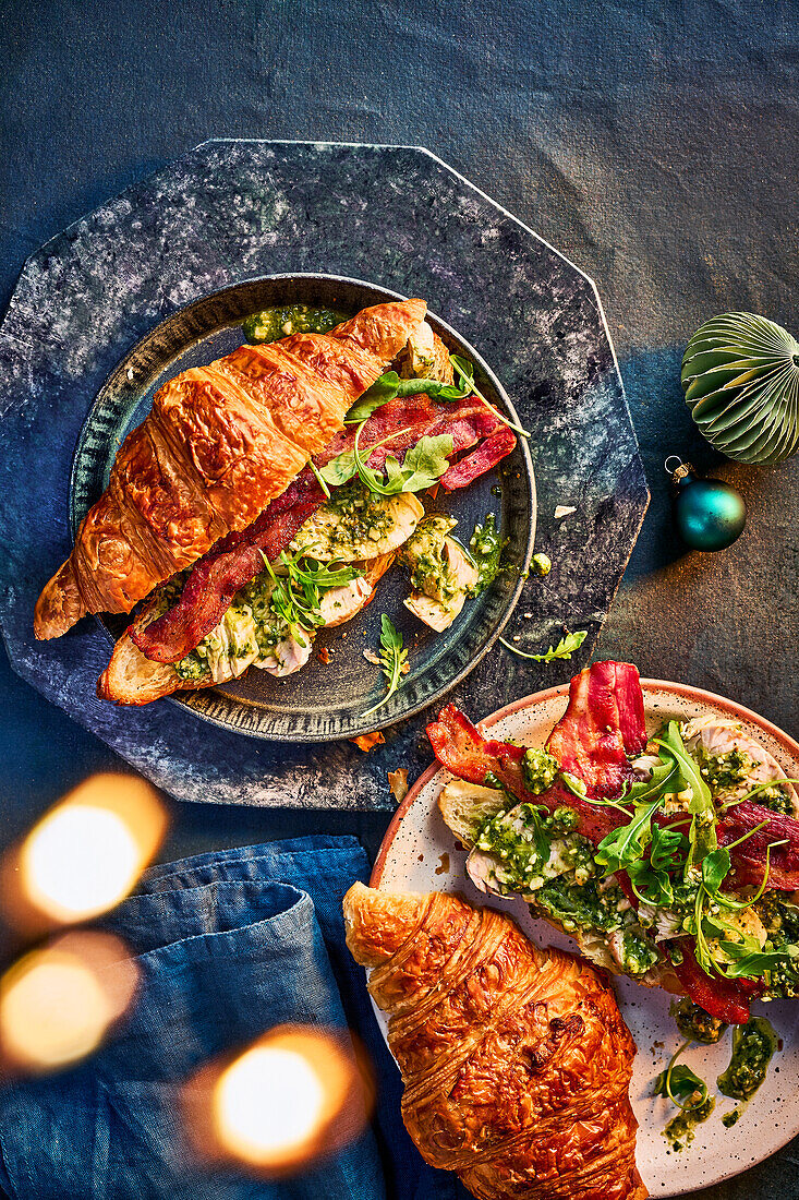 Croissants with turkey and pesto (leftovers)