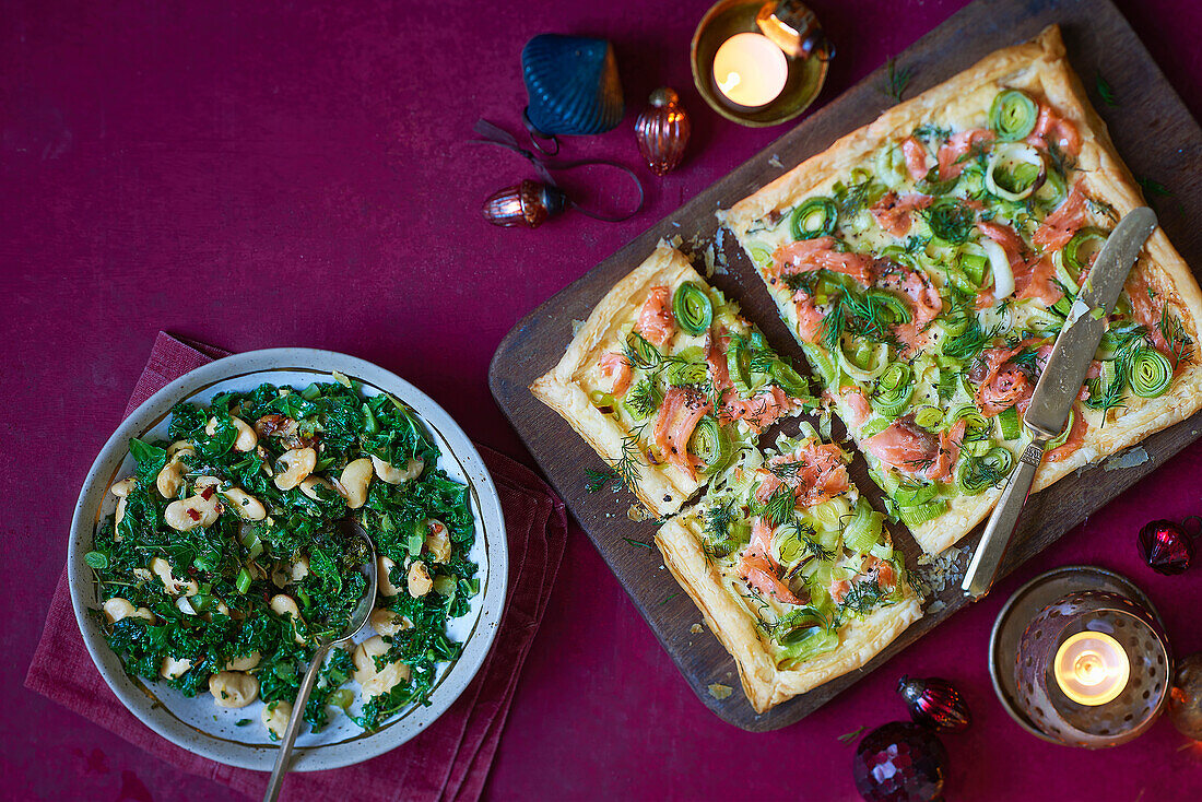 Butter beans with kale, lemon, chilli and garlic and smoked salmon, leek and dill tart