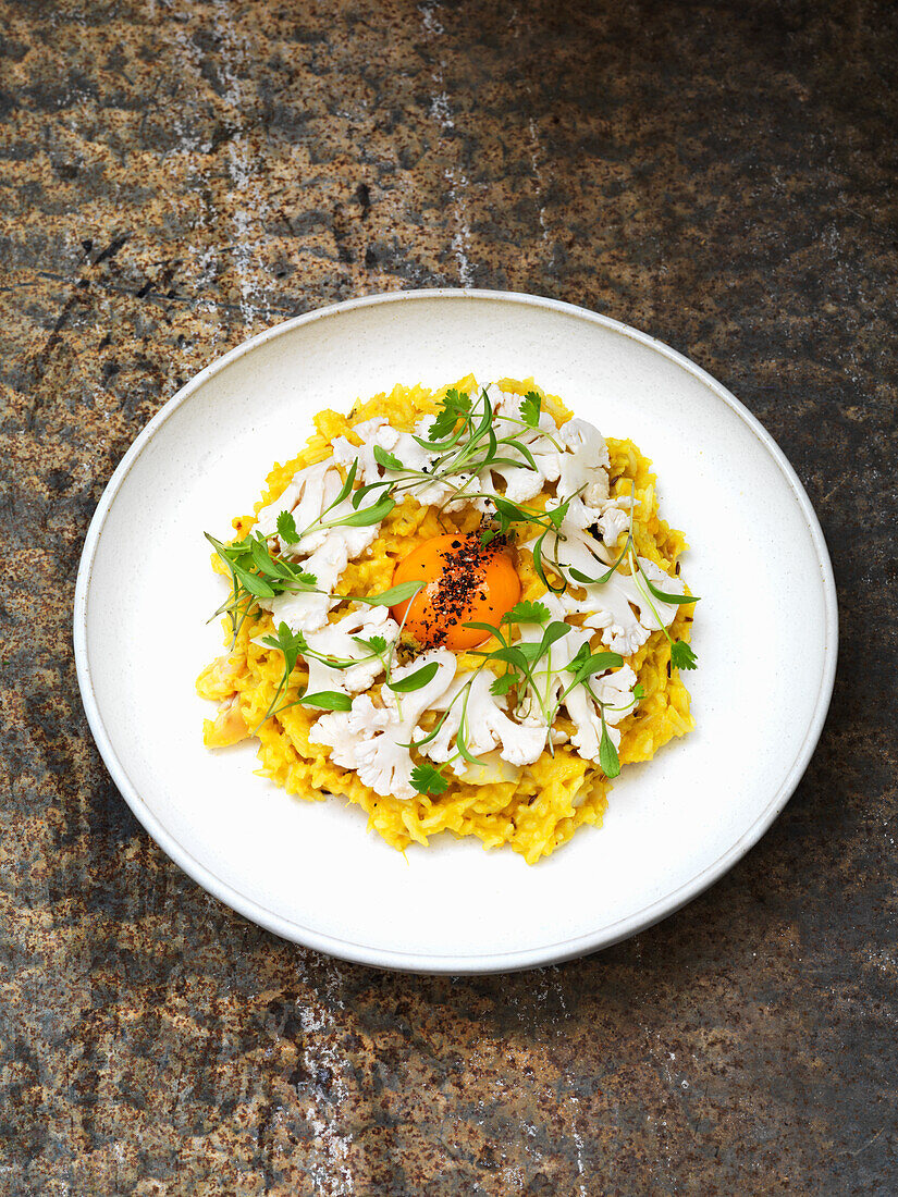 Kedgeree mit rohem Eigelb