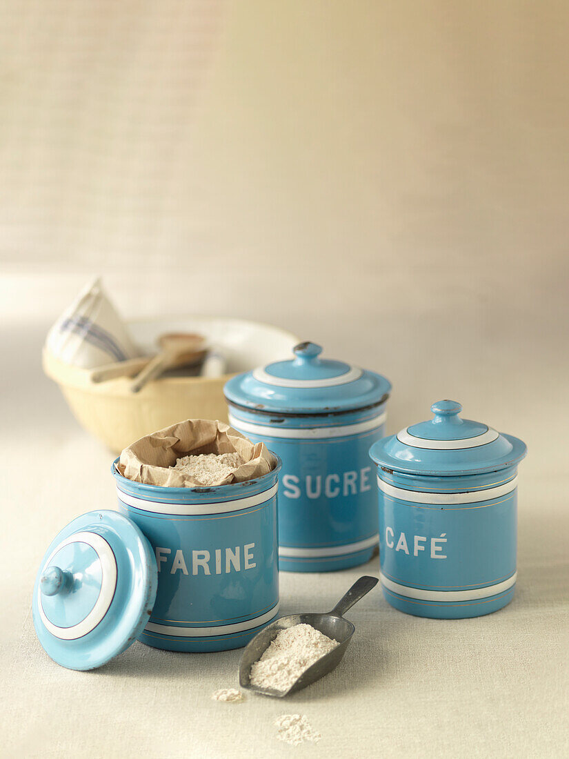 Blue ceramic storage containers with lids