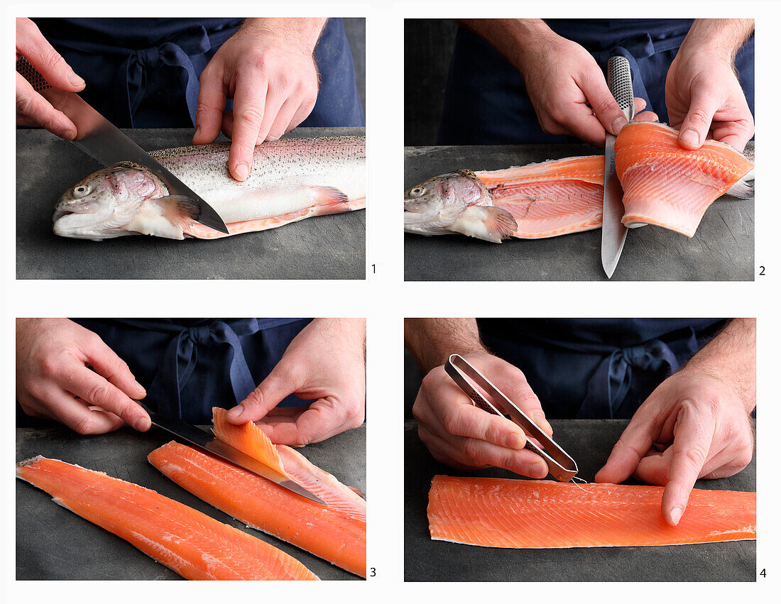A fresh fish being filleted and deboned