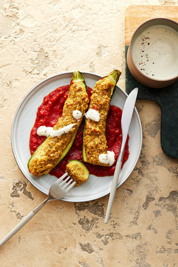 Courgette with a vegan falafel filling